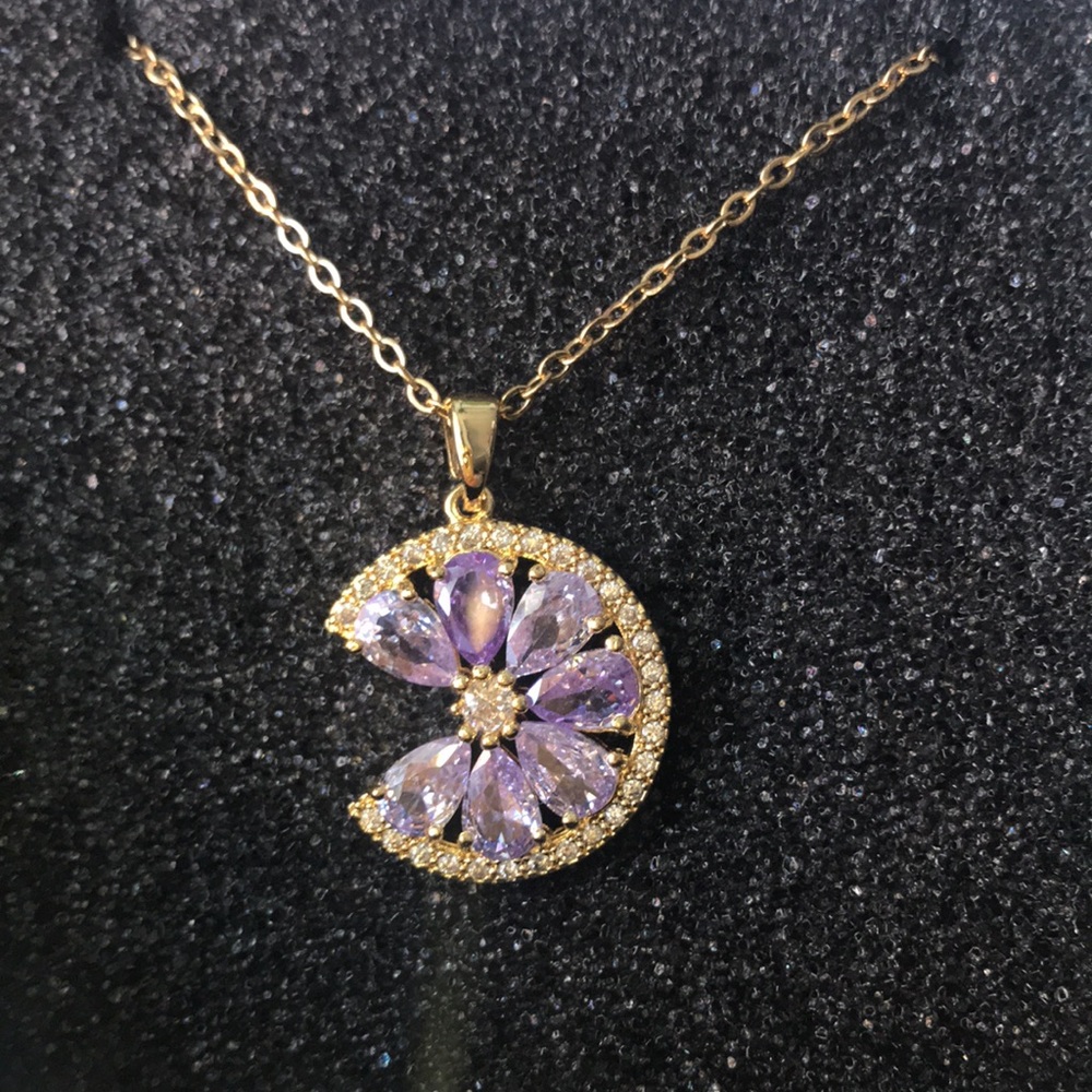 SAPPHIRE SPHERE SURROUNDED WITH RHINESTONES 18K GOLD OVER STAINLESS NECKLACE